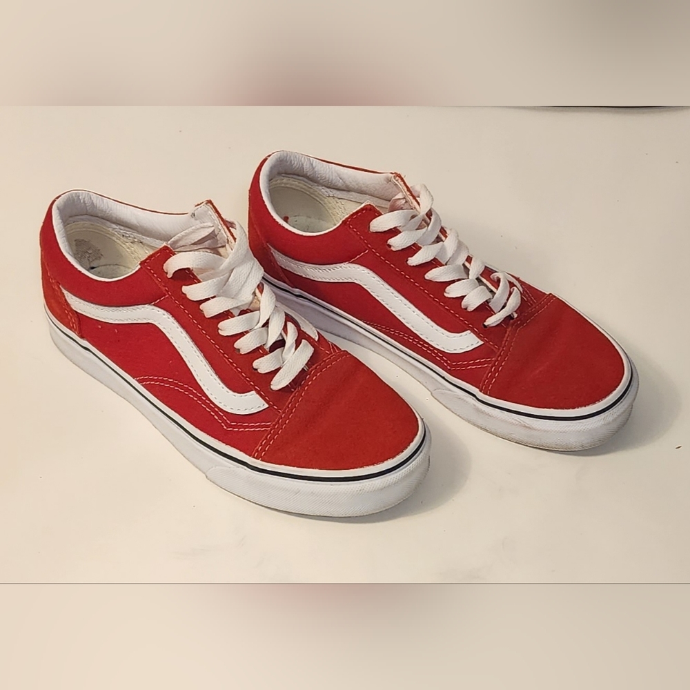 Vans Old Skool Racing Red and True White, Womens 6, Mens 4.5